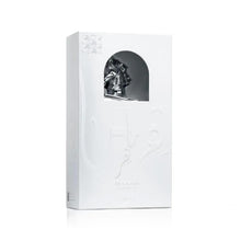 Perfume gift box with dark window panel and embossed design, white finish