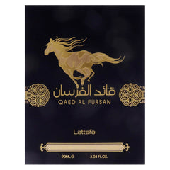 Lattafa Qaed Al Fursan perfume black box with gold horse logo and decorative design