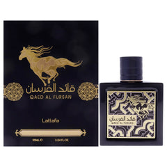 Lattafa Qaed Al Fursan perfume bottle and black box with gold horse design 90ml