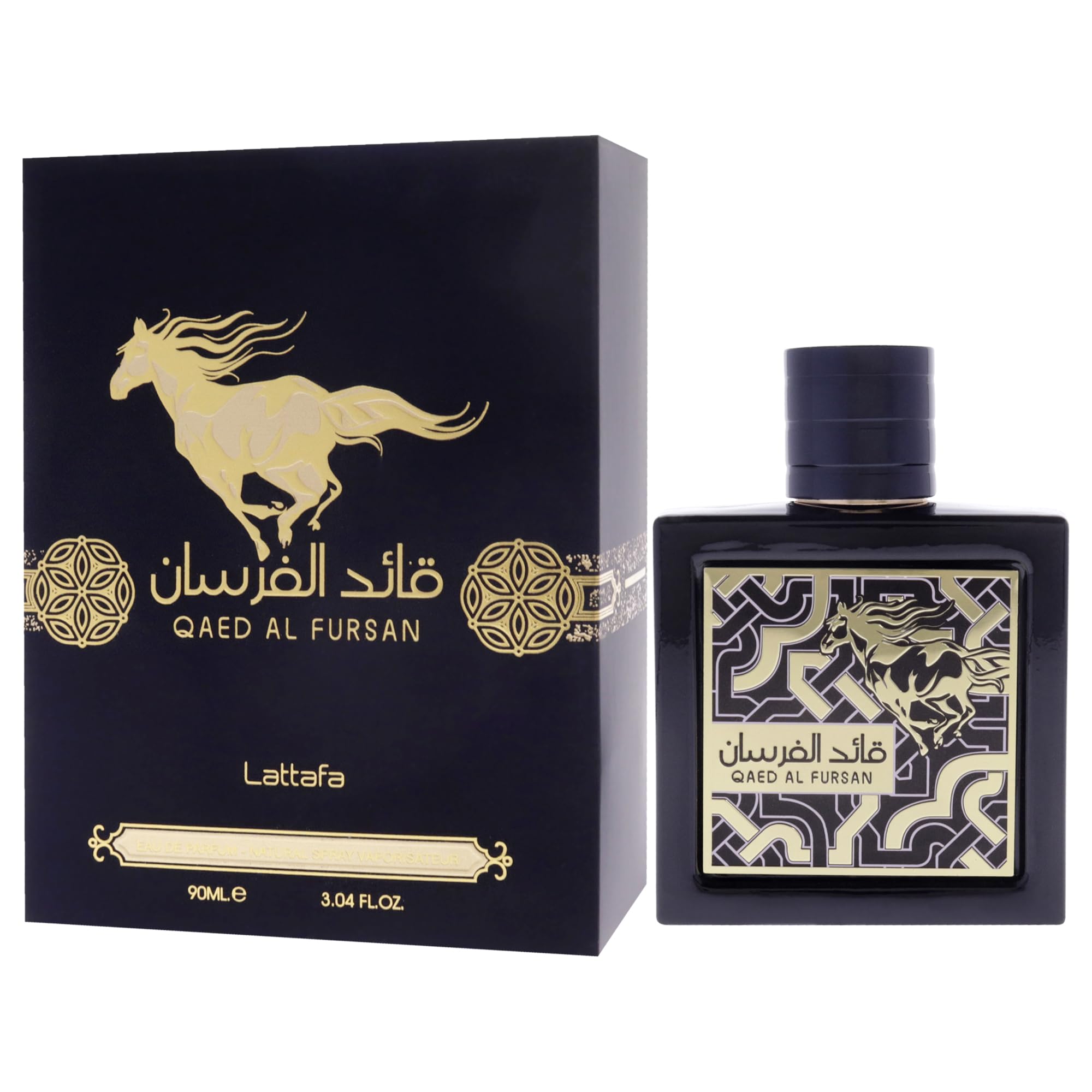 Lattafa Qaed Al Fursan perfume with black and gold packaging featuring a horse design