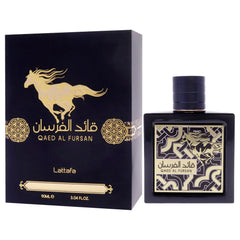 Lattafa Qaed Al Fursan perfume with black and gold packaging featuring a horse design