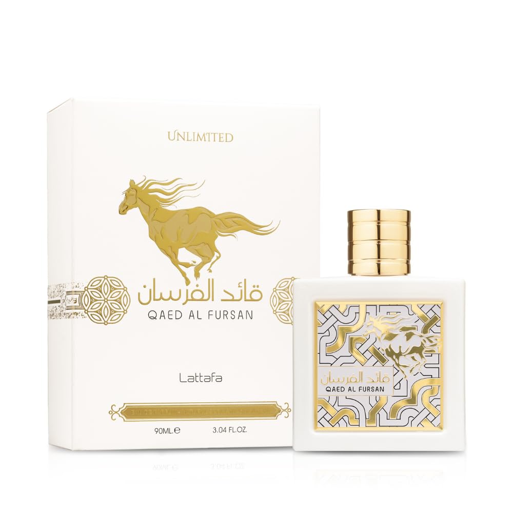 Lattafa Qaed al Fursan Unlimited perfume white and gold bottle with matching box featuring a galloping horse design