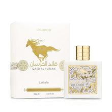 Square perfume bottle with box featuring golden horse graphic and UNLIMITED
