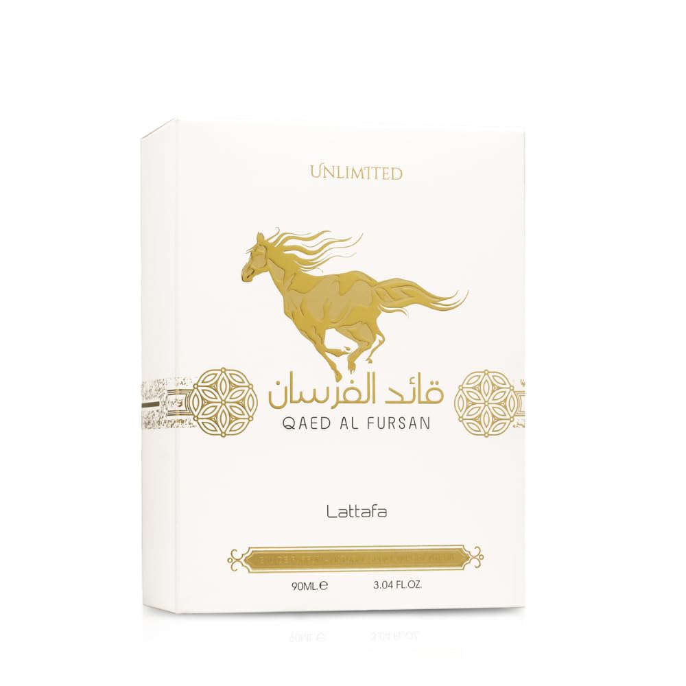 Lattafa Qaed al Fursan Unlimited perfume box with gold horse design and Arabic calligraphy