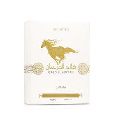 Lattafa Qaed al Fursan Unlimited perfume box with gold horse design and Arabic calligraphy