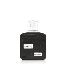 Black perfume bottle with silver square cap and embossed label