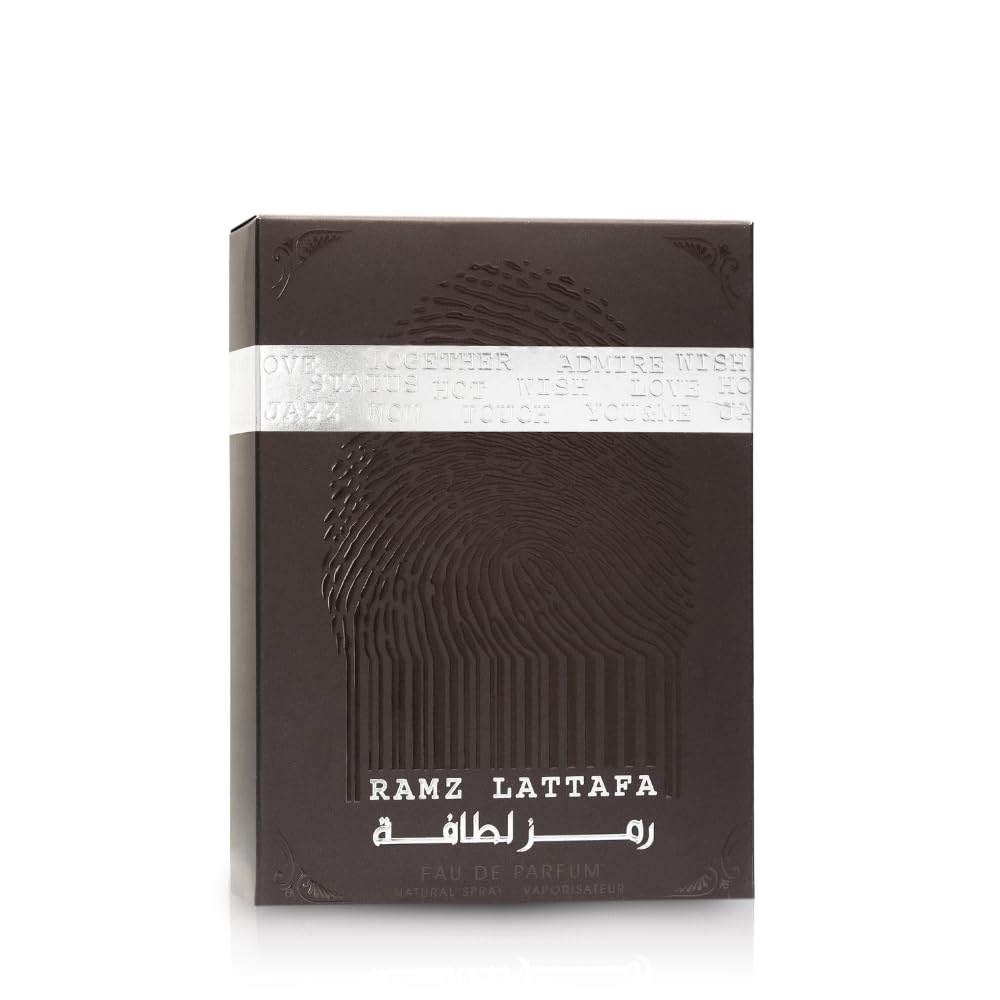 Lattafa Ramz Silver perfume black box with fingerprint design and silver band packaging