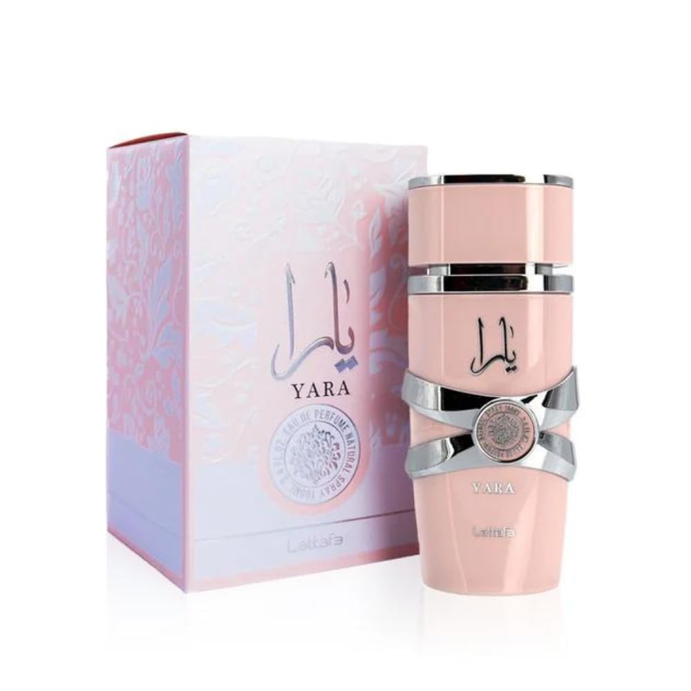 Lattafa Yara perfume for women in pink bottle with silver detailing and matching box