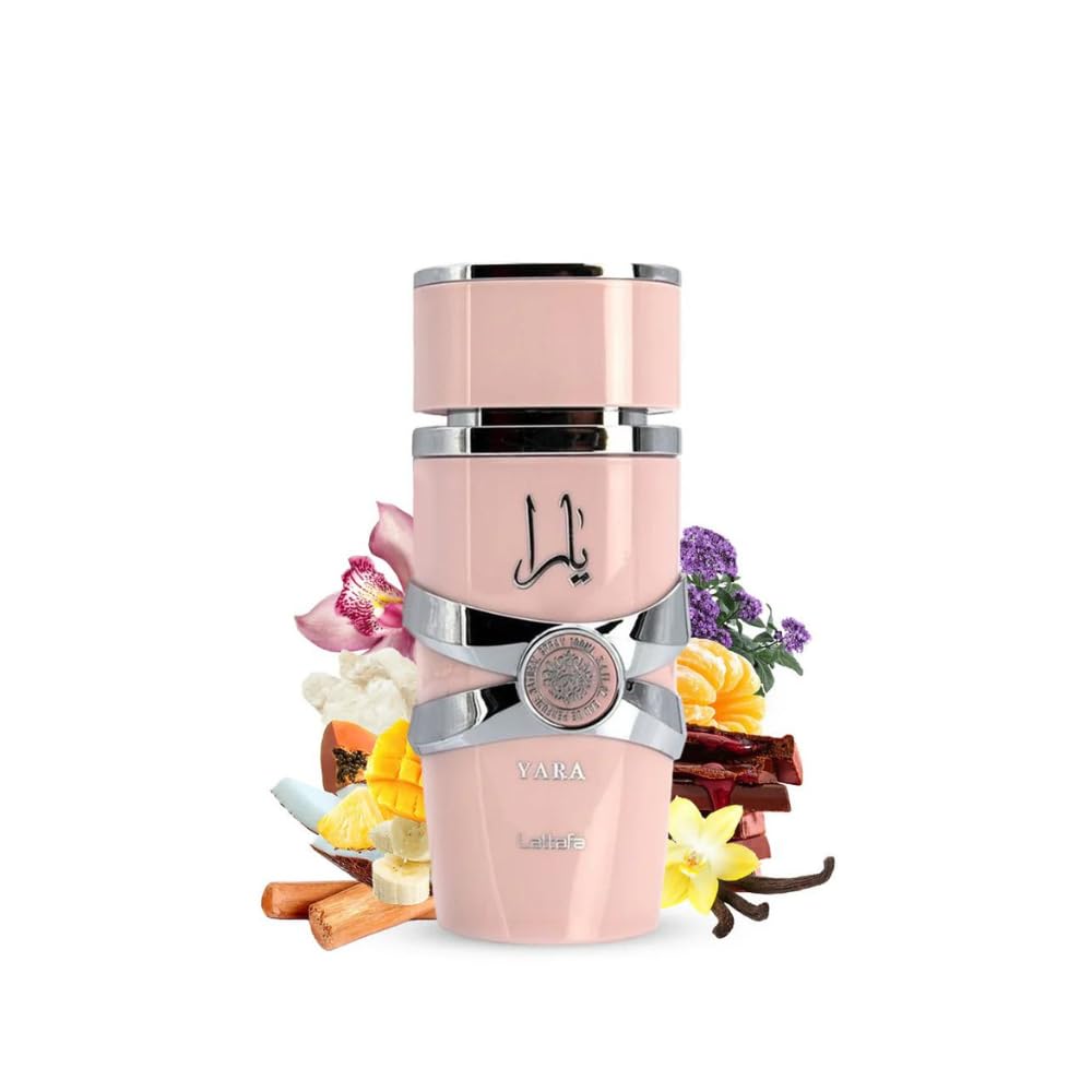 Lattafa Yara perfume for women in pink bottle with floral and spice scent notes