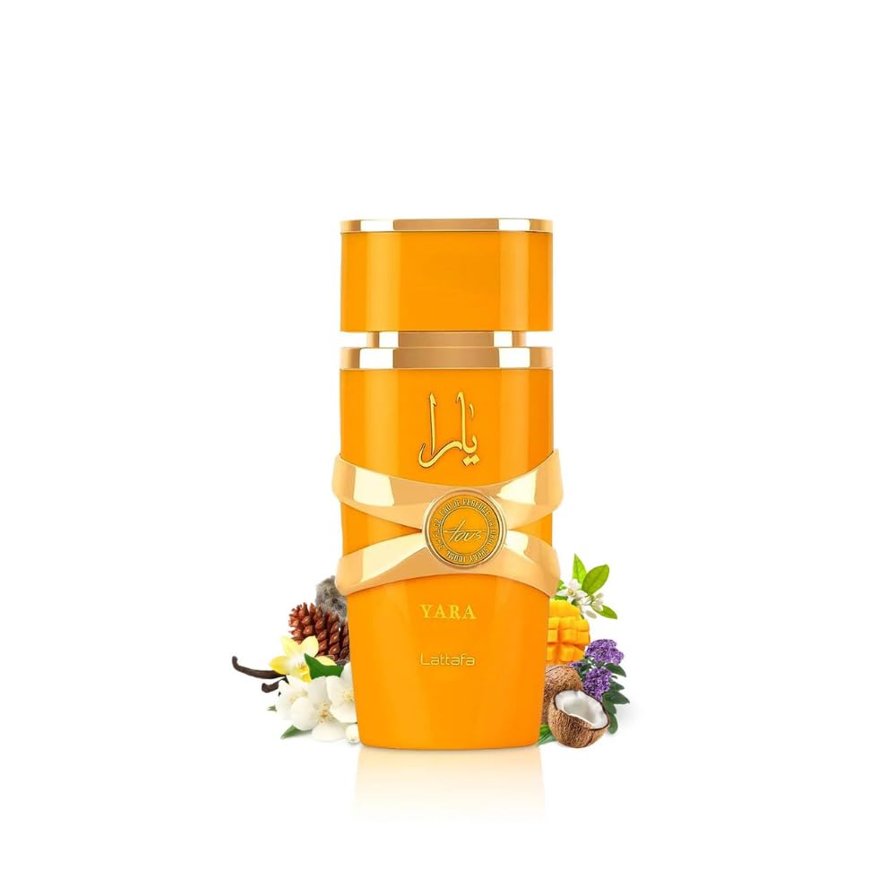 Lattafa Yara Tous perfume for women in vibrant orange bottle surrounded by natural floral and fruit ingredients