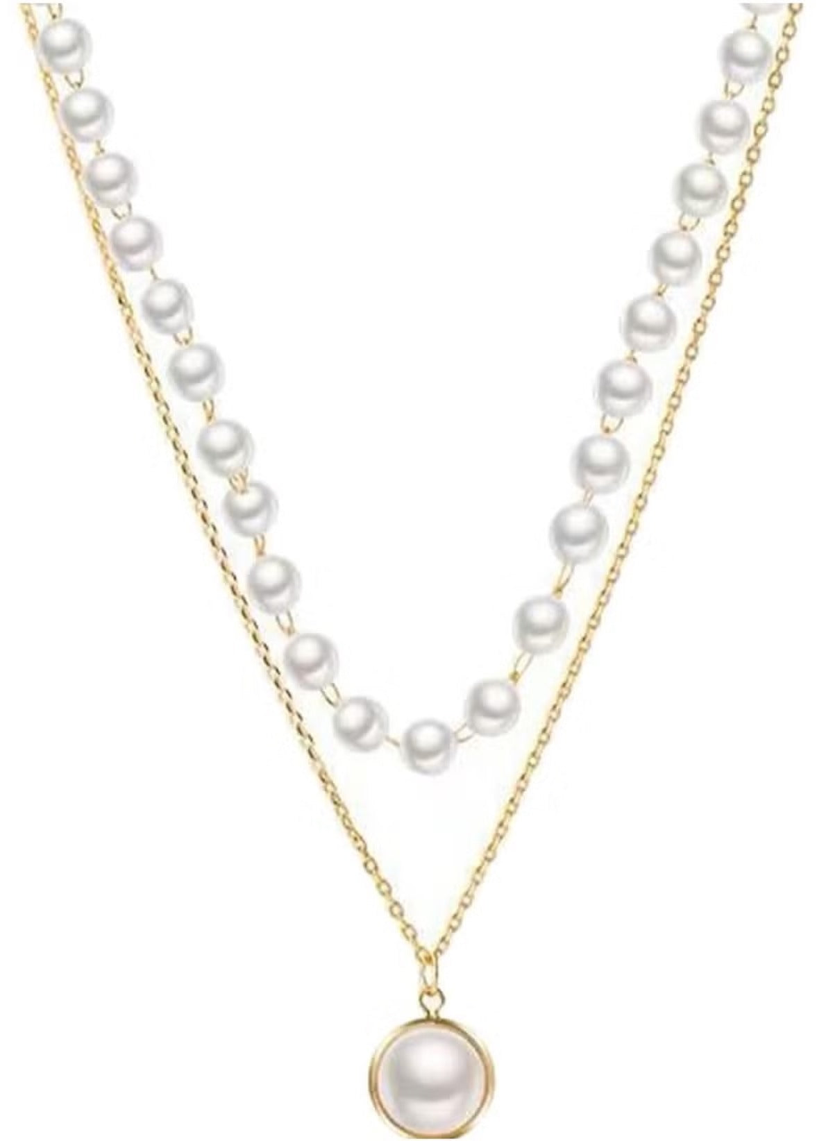 Huitich layered pearl pendant necklace with two gold chains and white pearls