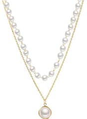Huitich layered pearl pendant necklace with two gold chains and white pearls