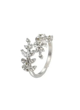Silver-tone leaf branch ring with clear rhinestone detail, openwork design
