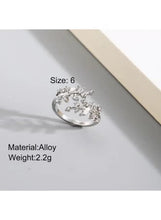 Silver-tone leaf branch alloy ring with sparkling clear rhinestones, flat profile
