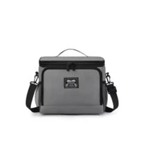 Grey leak-proof lunch box with top handle and adjustable shoulder straps
