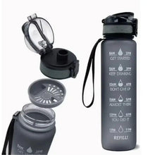 Leakproof 1L water bottle with carry strap, open lid and removable straw