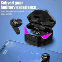Gaming earbuds and charging case, black with purple LED indicator