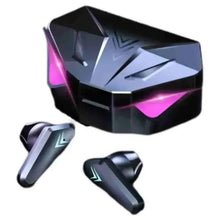 Gaming earbuds set with black charging case and purple LED accents