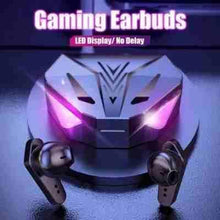 Gaming earbuds with black charging case, visible purple LED lighting