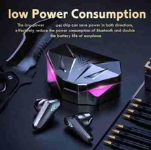 Gaming earbuds with black charging case and purple low-power LED lighting