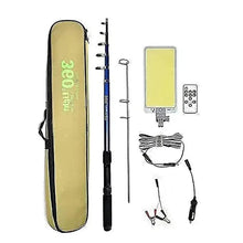 LED floodlight kit with long case, blue pole parts, COB panel, and remote control