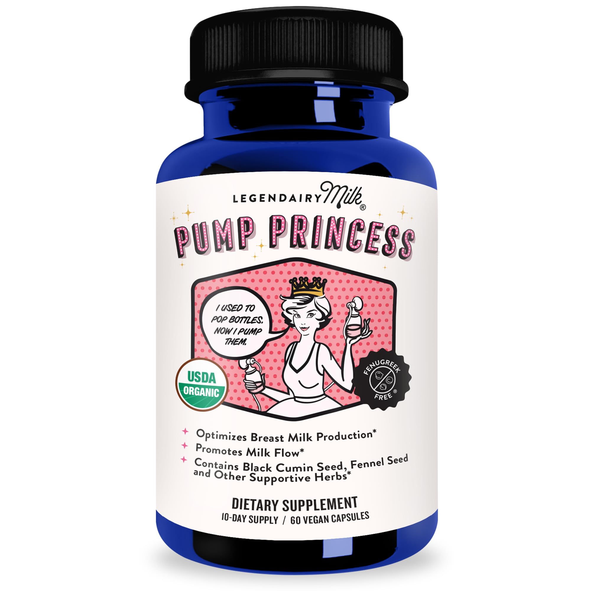 Legendairy Milk Pump Princess capsules bottle dietary supplement with vintage nursing illustration and USDA organic label