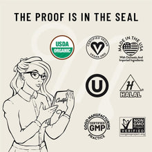 USDA Organic and Certified Vegan seals plus made in the USA and Halal marks