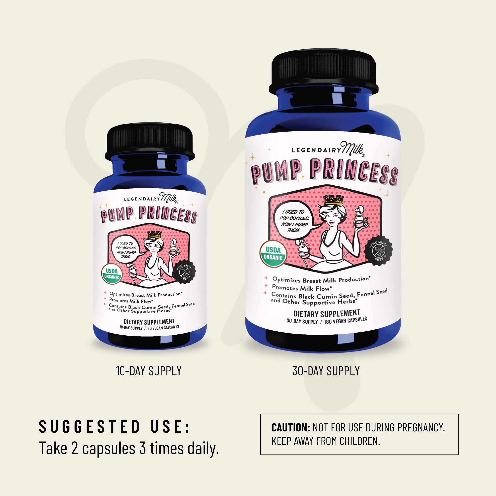 Legendairy Milk Pump Princess capsules two blue bottles showing 10 day and 30 day supply lactation supplement