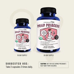 Legendairy Milk Pump Princess capsules two blue bottles showing 10 day and 30 day supply lactation supplement
