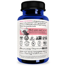 Blue dietary supplement bottle back label with black cumin seed and ingredient badges