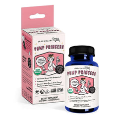 Legendairy Milk Pump Princess capsules bottle and pink retail box USDA Organic lactation supplement for breastfeeding moms