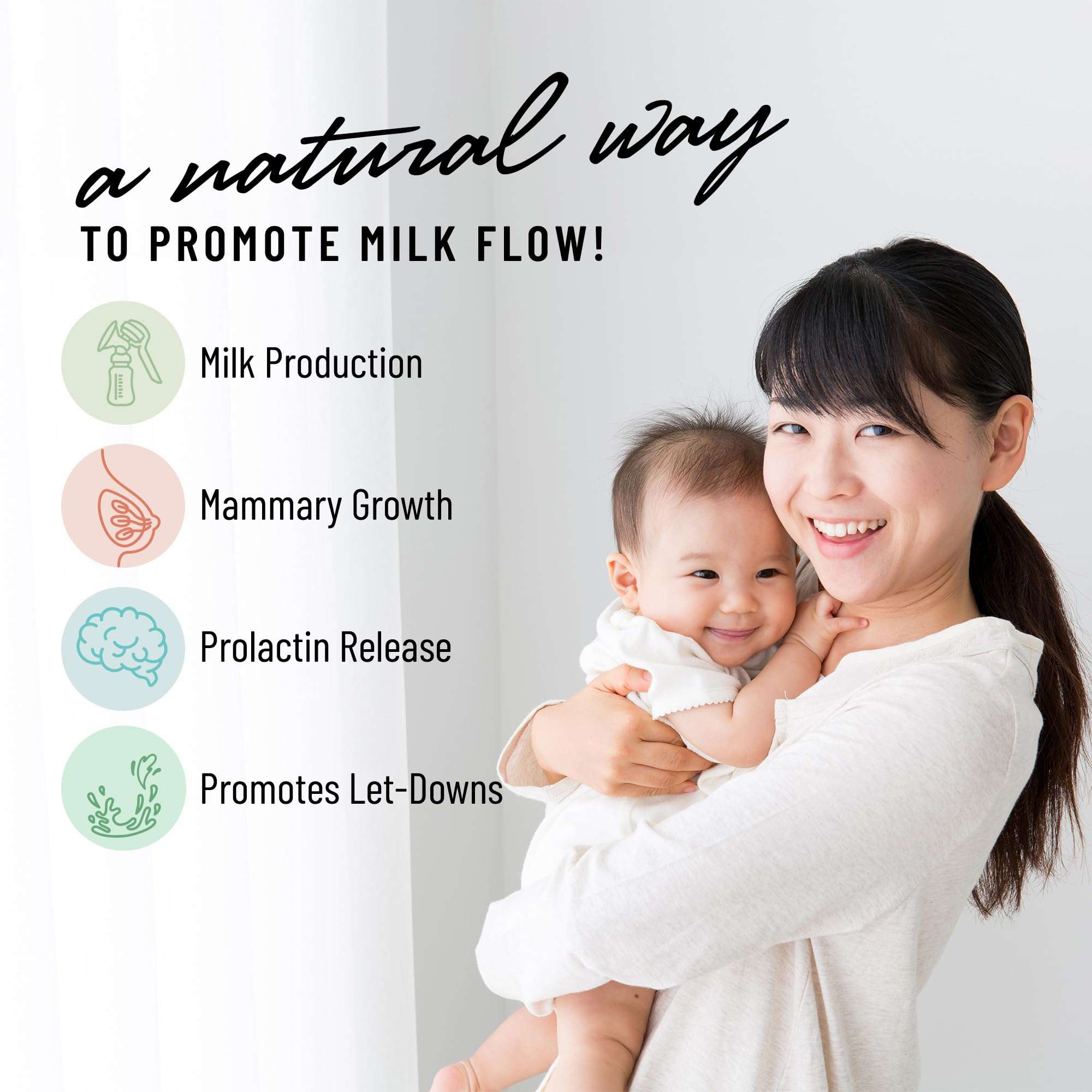 Smiling mother holding baby next to infographic about milk production benefits Legendairy Milk Pump Princess capsules