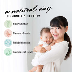 Smiling mother holding baby next to infographic about milk production benefits Legendairy Milk Pump Princess capsules