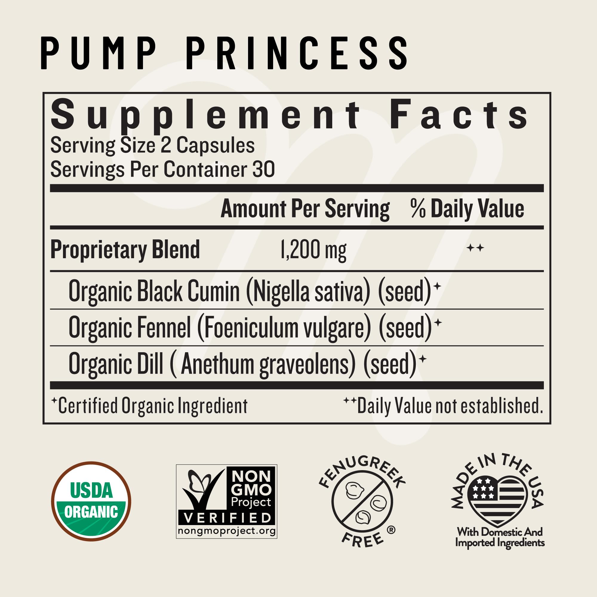 Supplement facts label for Legendairy Milk Pump Princess capsules showing organic seed ingredients and USDA Organic Non GMO badges