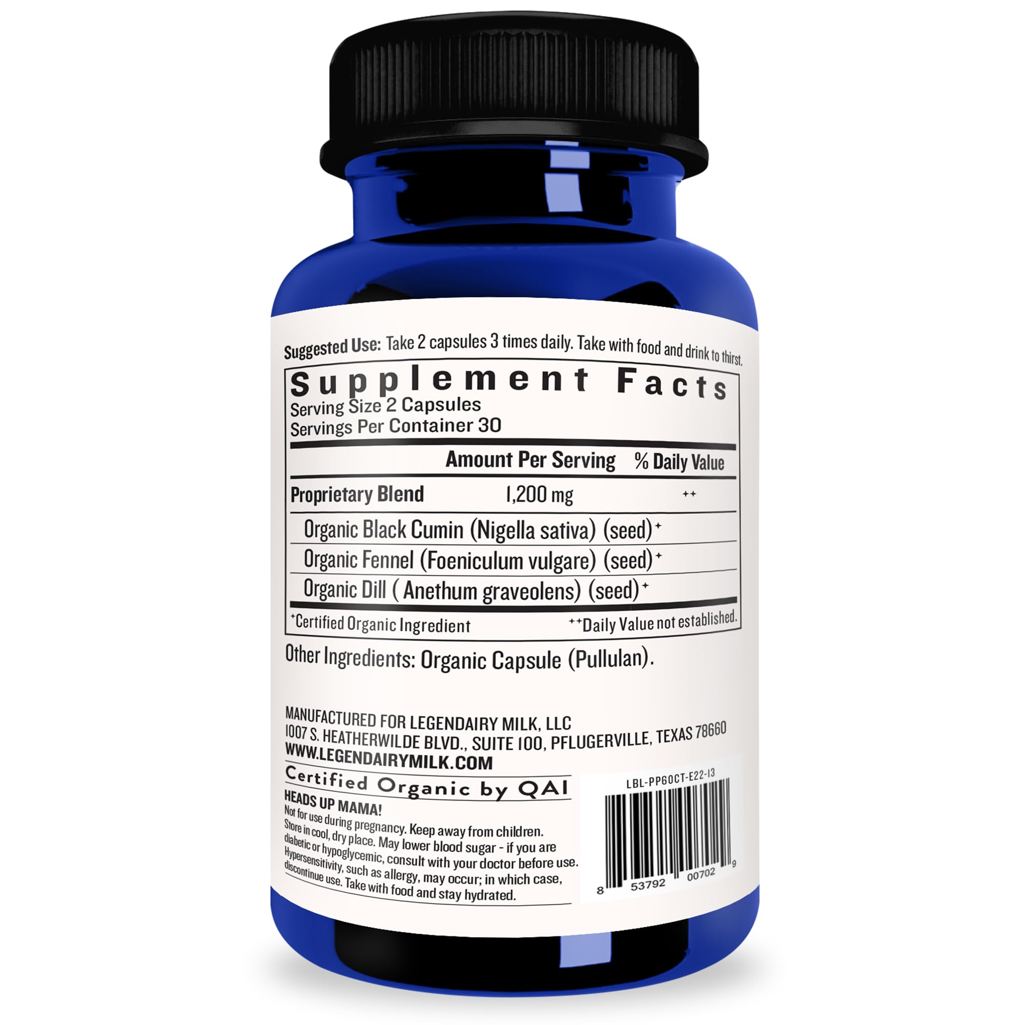 Legendairy Milk Pump Princess capsules blue glass bottle back label showing Supplement Facts organic ingredients and dosage