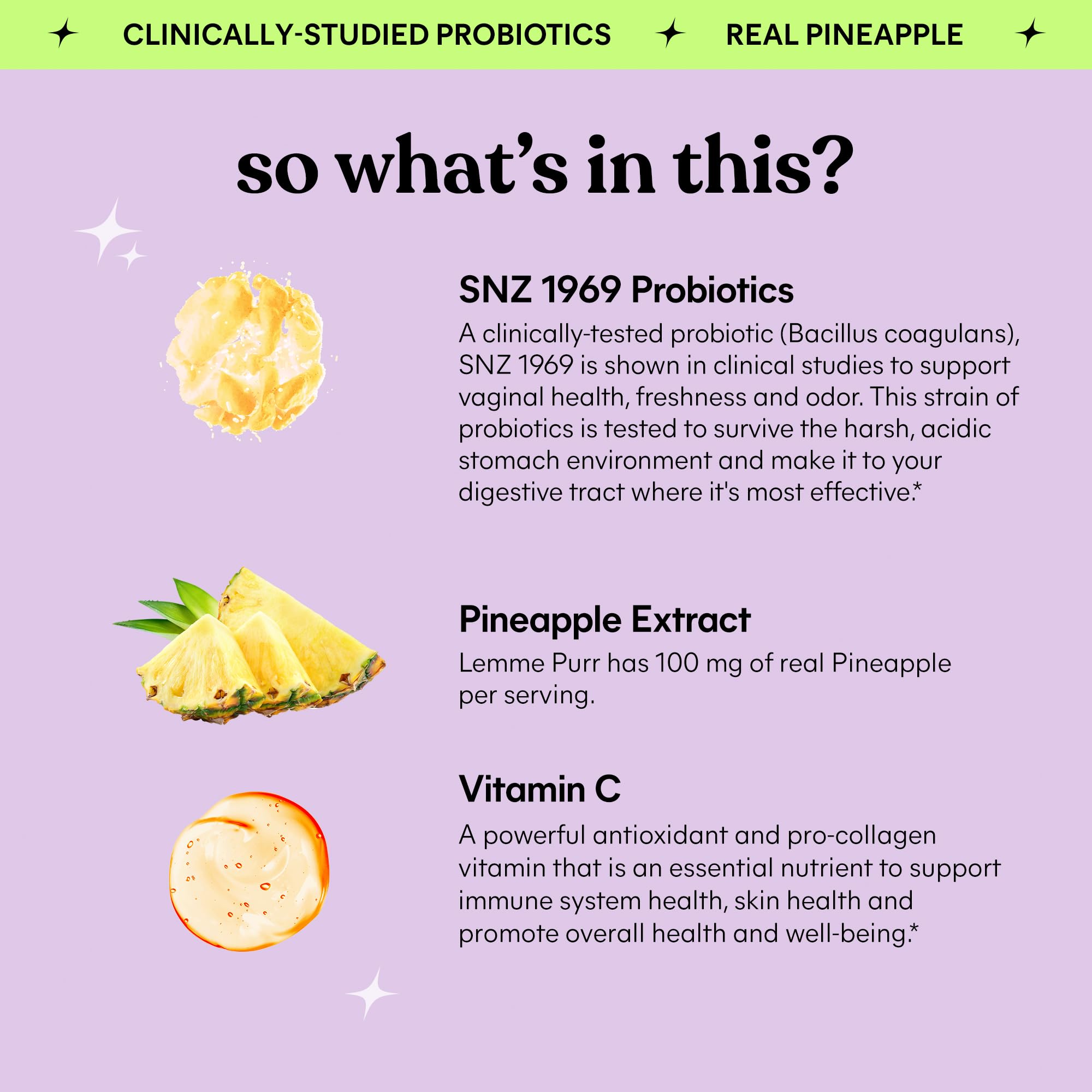 Lemme vaginal probiotic gummies for women featuring clinically-studied probiotics and pineapple extract