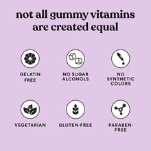 Probiotic gummies label icons: gelatin-free, no sugar alcohols, paraben-free