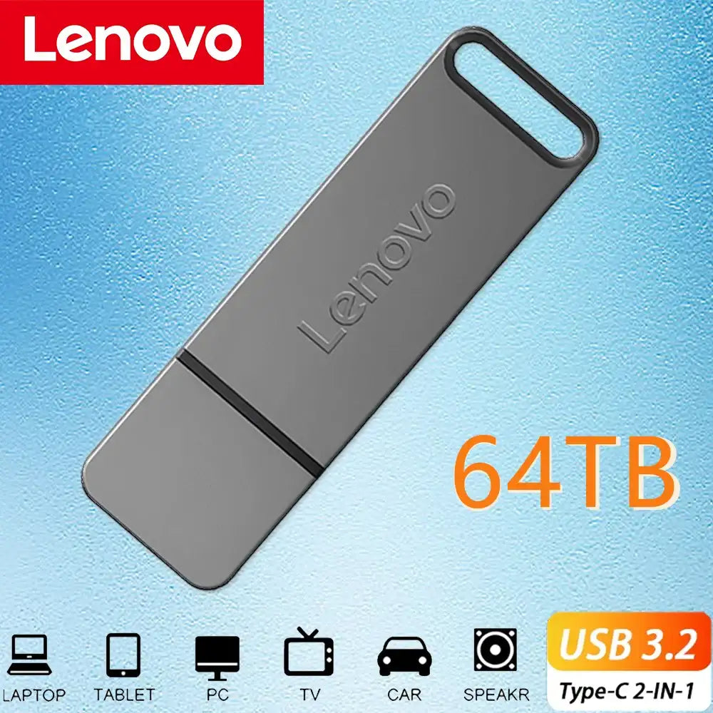 Lenovo 64TB USB flash drive, sleek design for fast data storage and transfer across devices.
