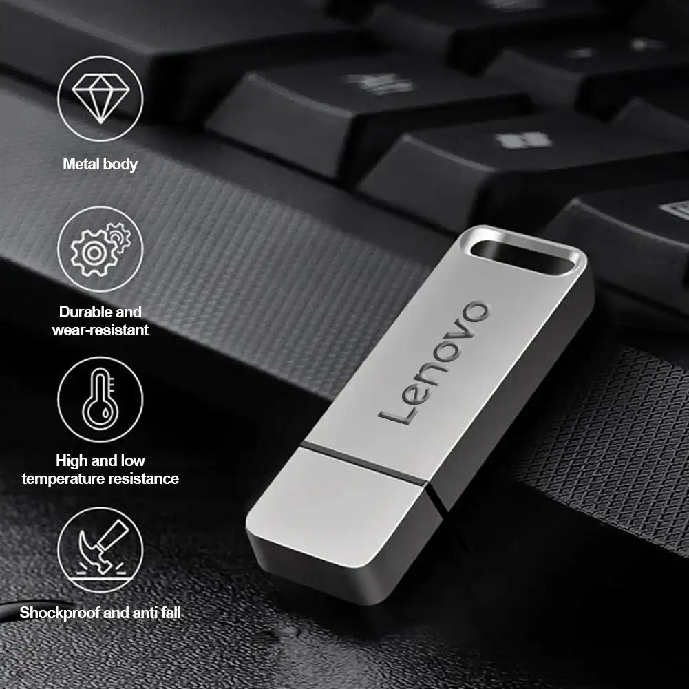 Lenovo 64TB USB flash drive with metal body, durable design, and shockproof features