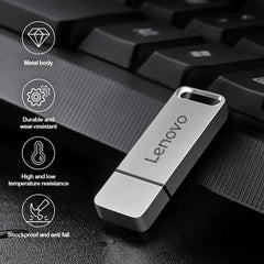 Lenovo 64TB USB flash drive with metal body, durable design, and shockproof features