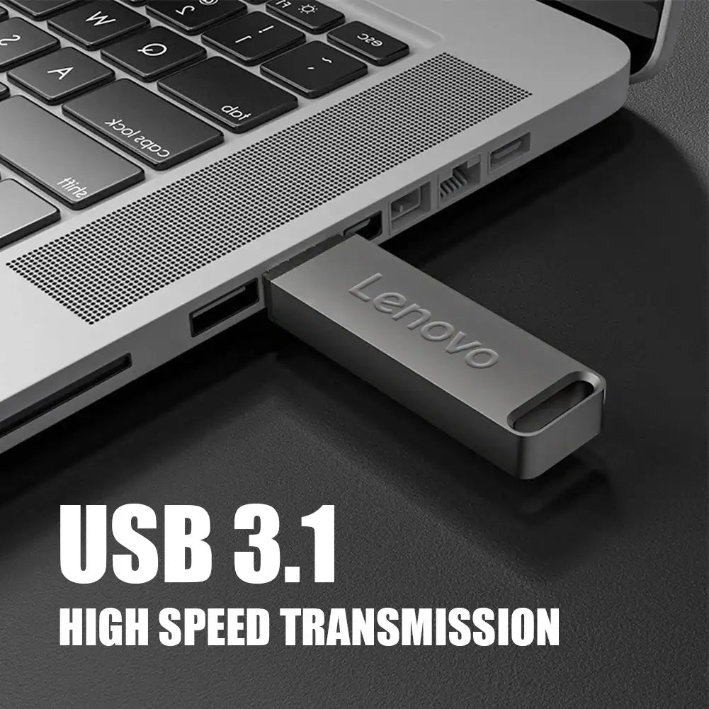 Lenovo 64TB USB flash drive connected to a laptop showcasing USB 3.1 high speed transmission
