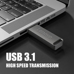 Lenovo 64TB USB flash drive connected to a laptop showcasing USB 3.1 high speed transmission