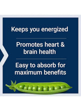 Dark blue marketing panel with pea pod graphic and key supplement benefits
