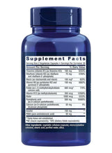Supplement bottle back label with ingredient and vitamin facts chart