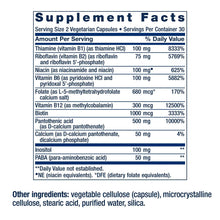 Supplement Facts panel listing B vitamins, amounts per serving, and daily value percentages