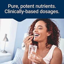 Supplement marketing panel with text and a woman taking vitamins with a drink
