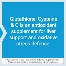 Glutathione, Cysteine & C supplement info panel with antioxidant support text
