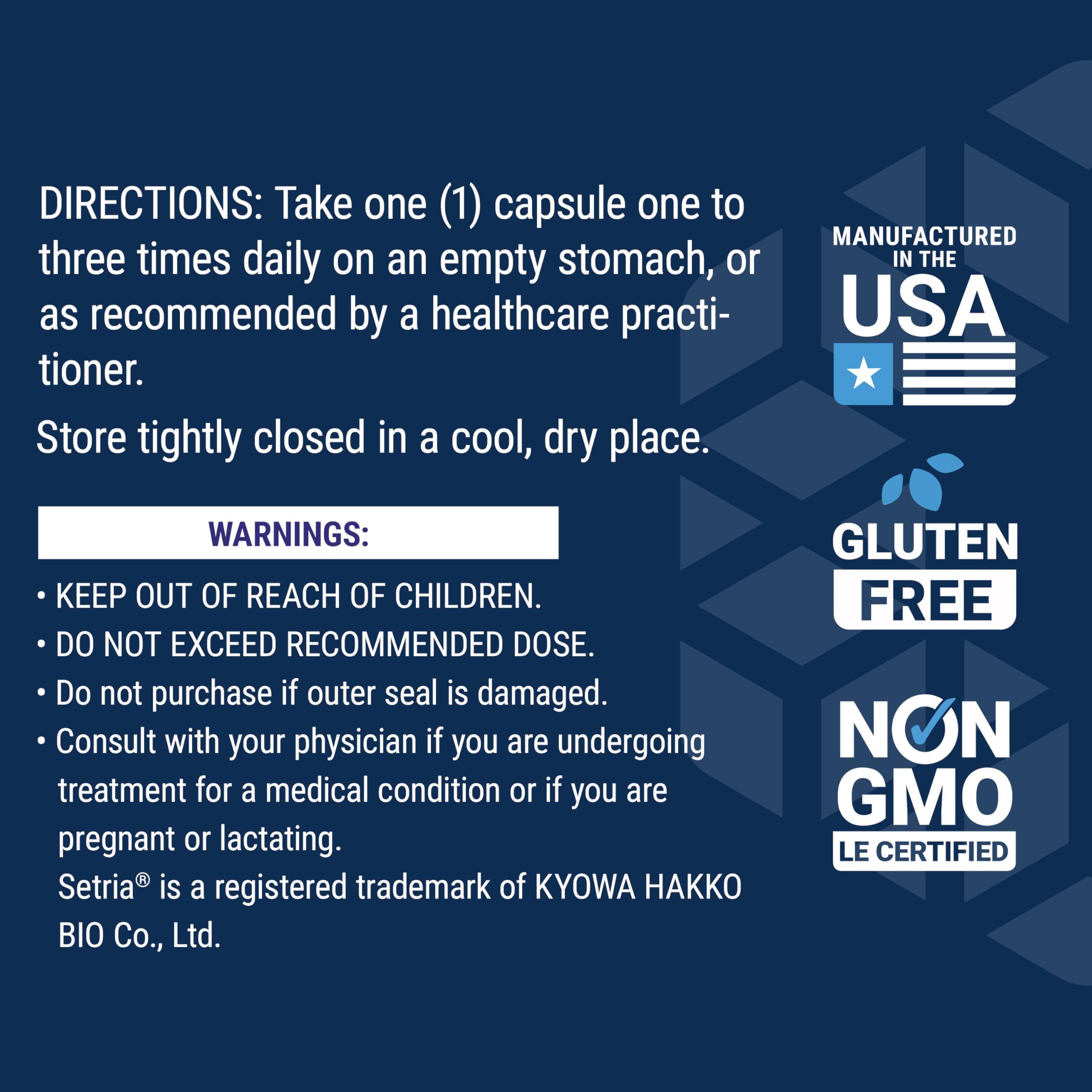 Life Extension label showing directions warnings and manufactured in USA icons glutathione cysteine vitamin c supplement