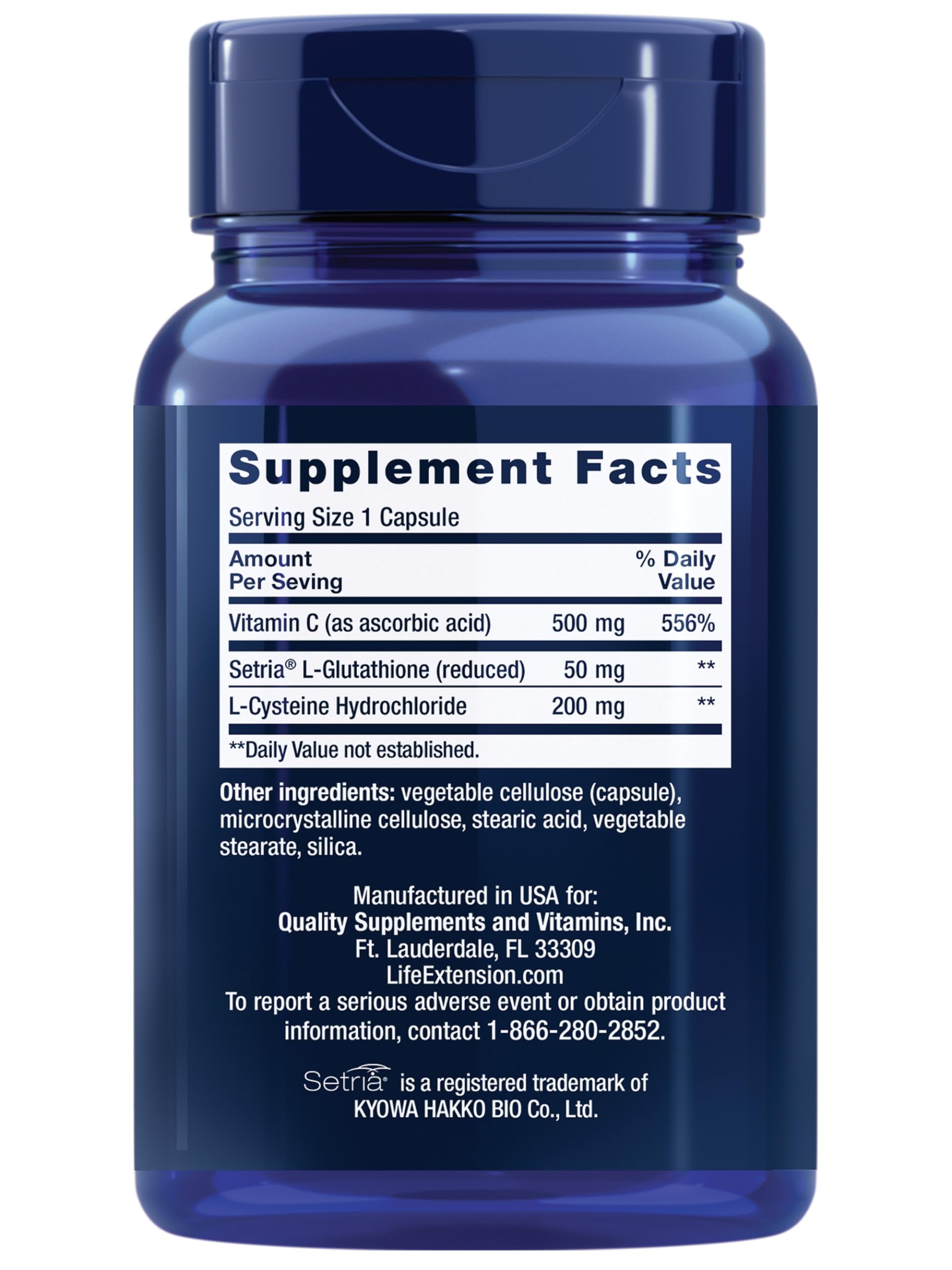 Life Extension blue supplement bottle showing Supplement Facts with glutathione cysteine vitamin c supplement label