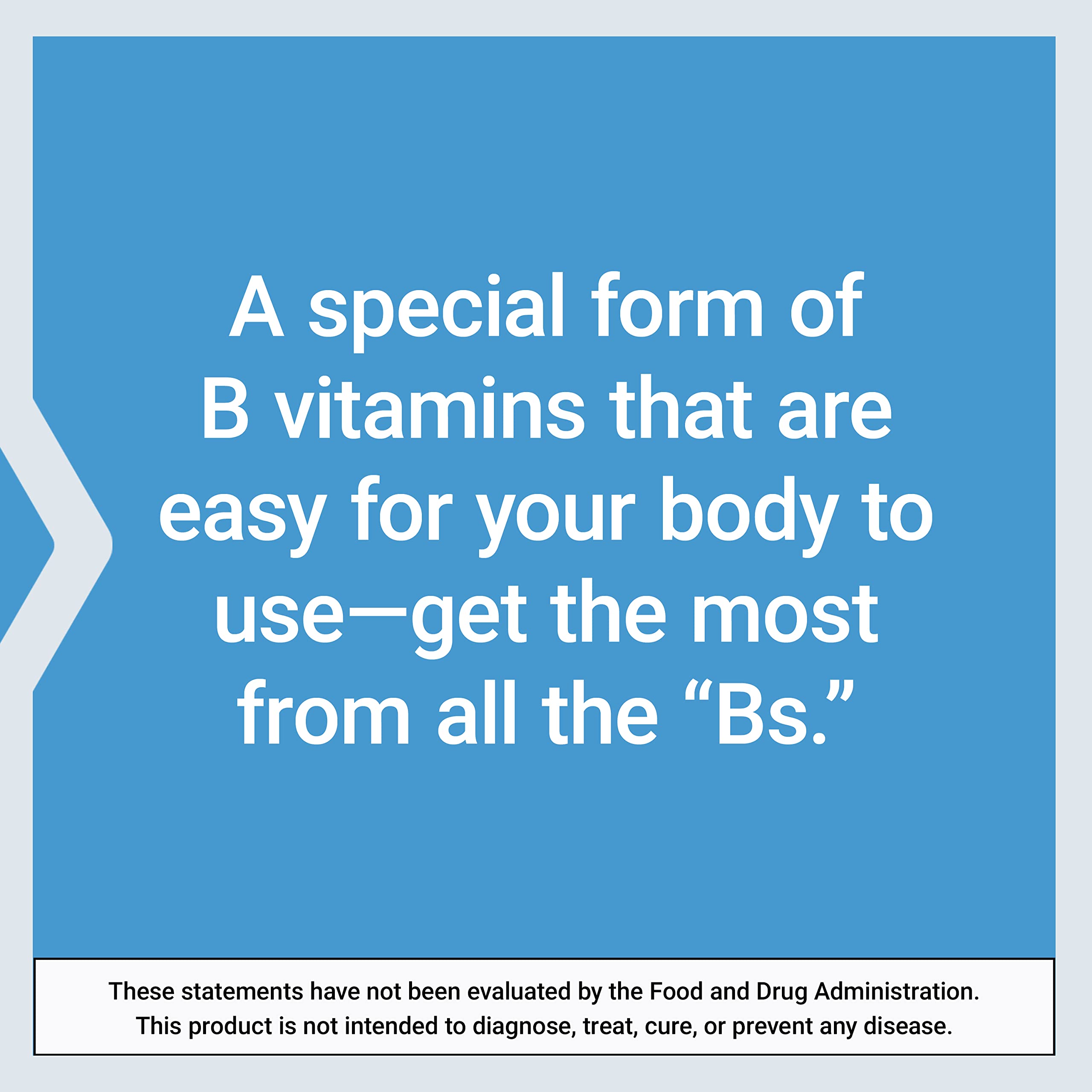 Blue label with white text describing a special form of B vitamins and FDA disclaimer Life Extension B-Complex vegetarian capsules